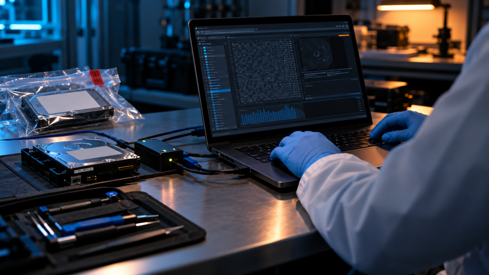 Faceless evidence specialist diagnosing access with an isolated test copy