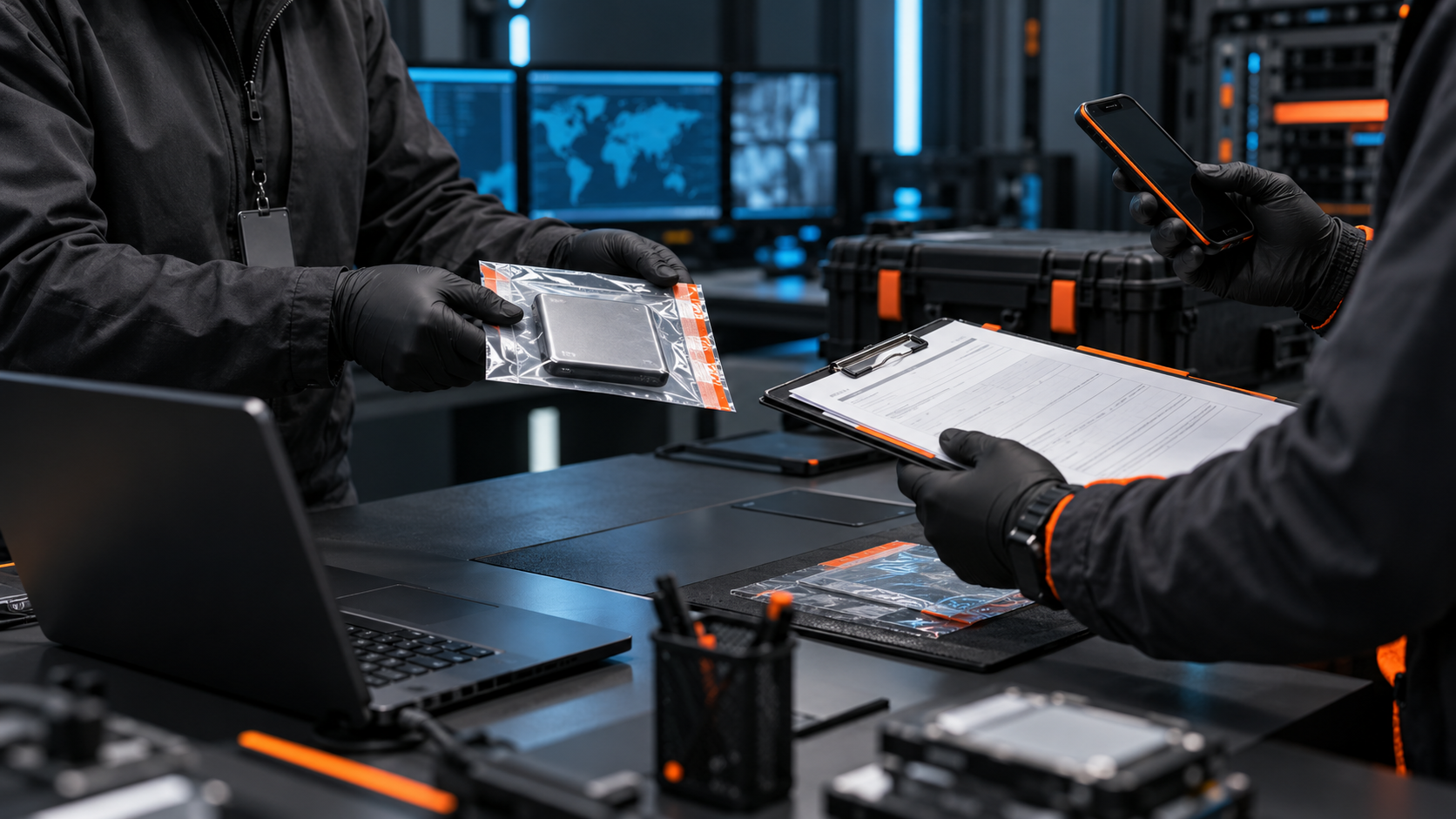 A faceless IT administrator and incident analyst verifying a controlled evidence handoff