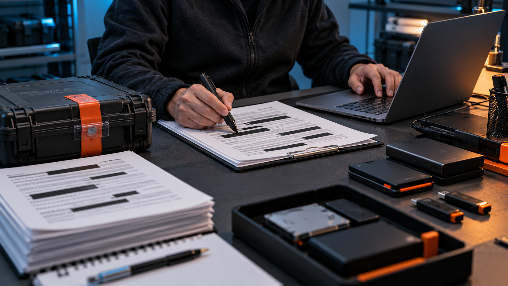 Faceless IT administrator comparing duplicate and redacted incident evidence versions
