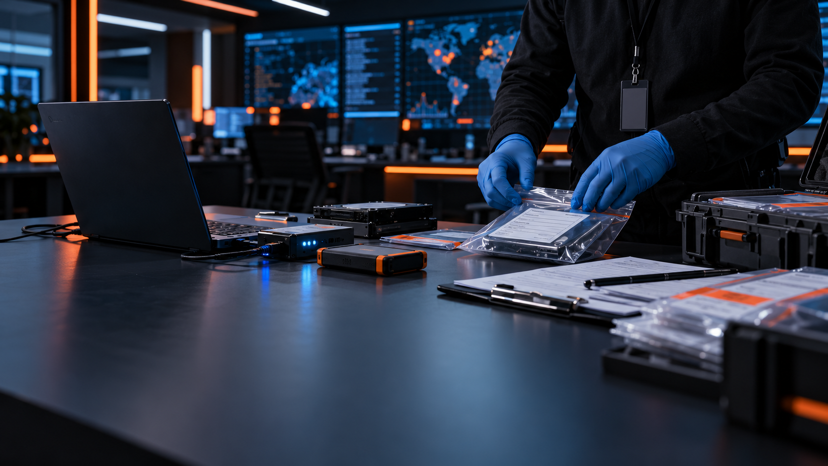 Faceless IT administrator preparing logs, disk images and an incident-evidence manifest