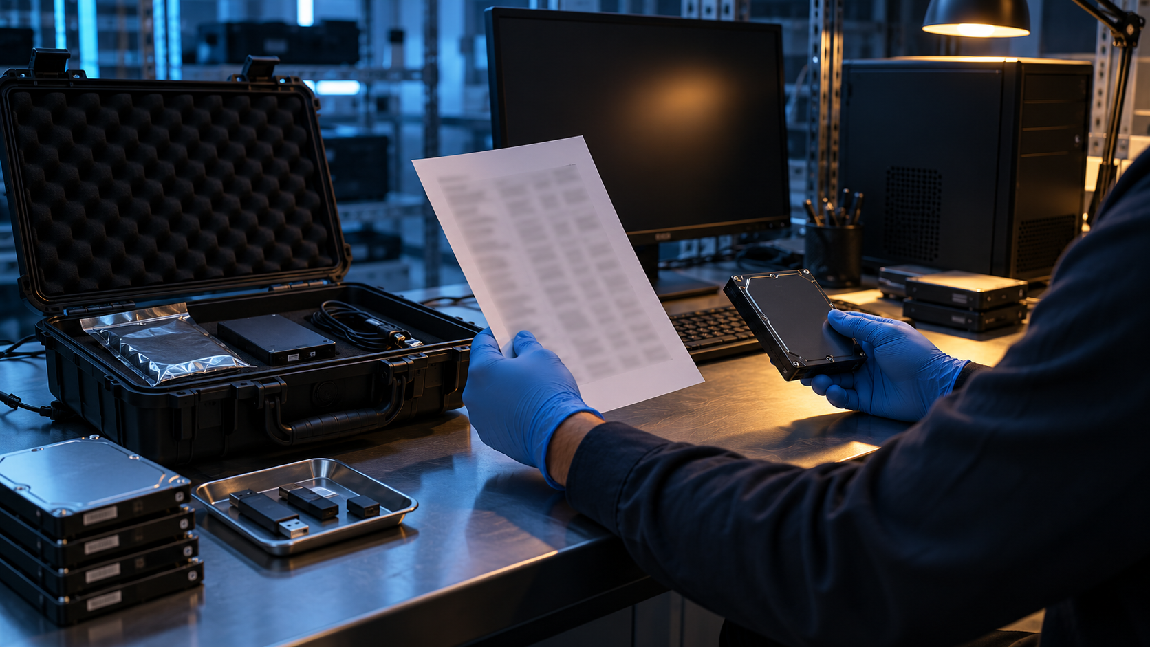 Faceless incident-response administrator testing recovery from a separately stored evidence backup